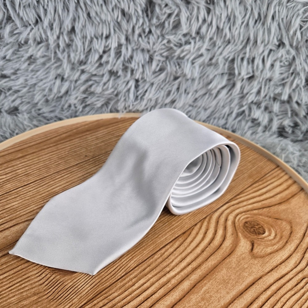 Milani Collezioni Necktie Mens Silver Grey Microfiber Handmade Satin Ribbed